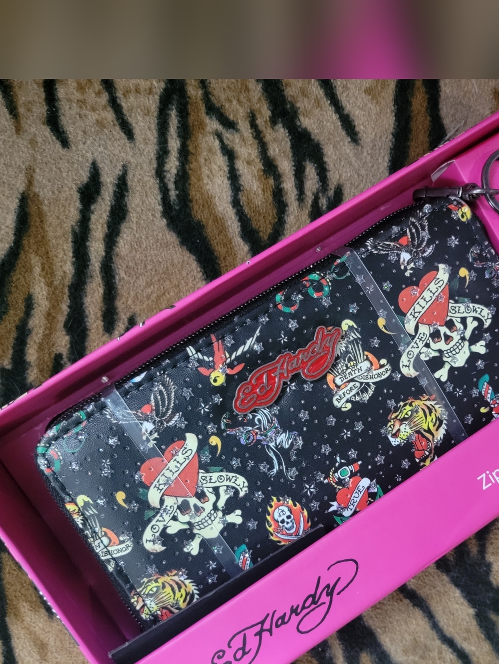 Ed Hardy Black Wallet with Multicolor Tattoo Design Rhinestone Skull